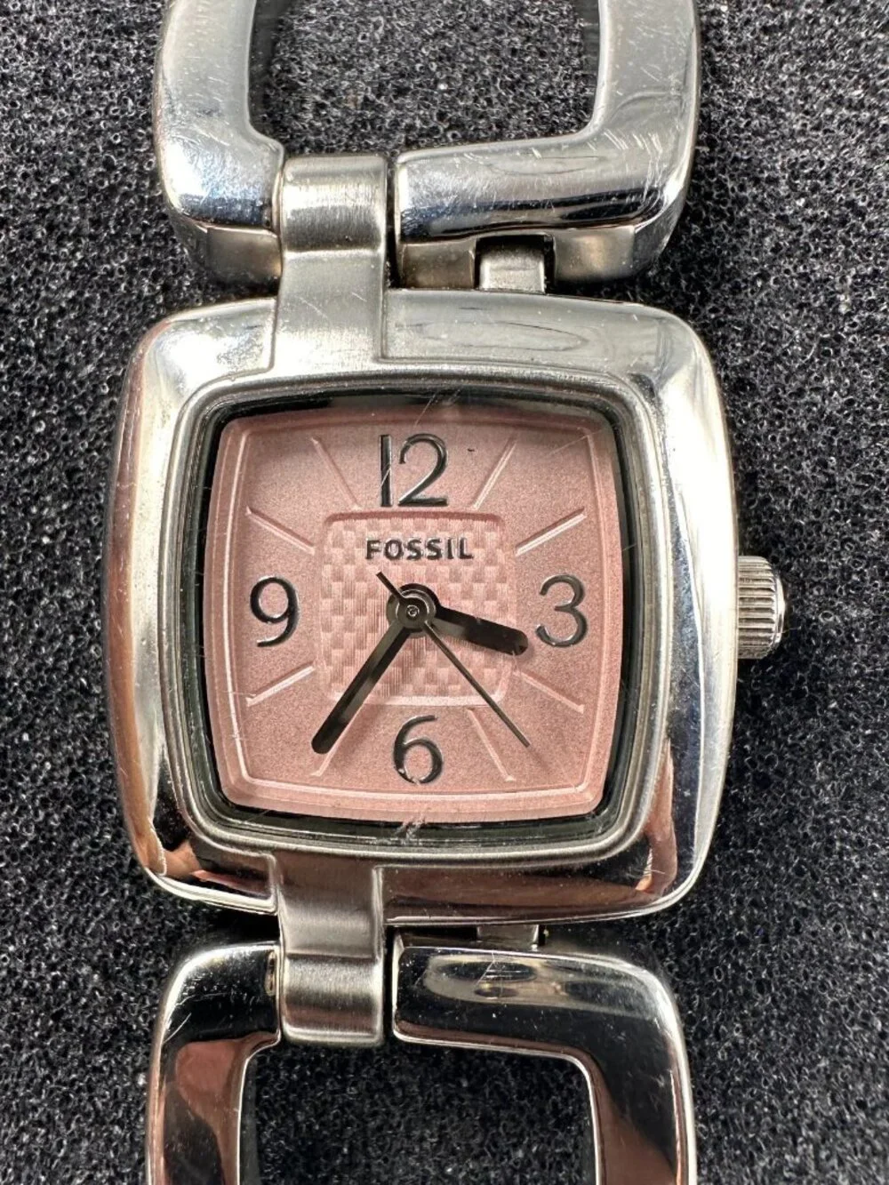 Fossil Watch Womens Pink Dial Stainless Steel Square 24MM New Battery 6.75